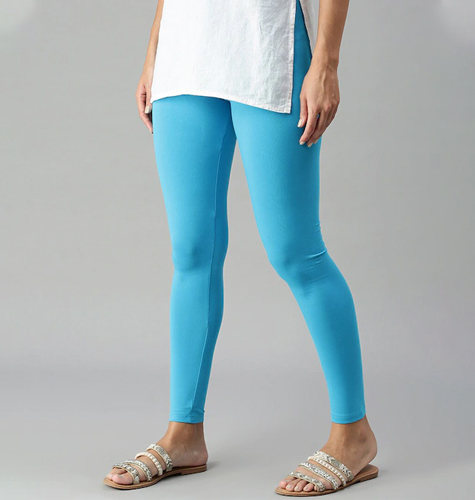 Women Light Blue Solid Ankle-Length Leggings